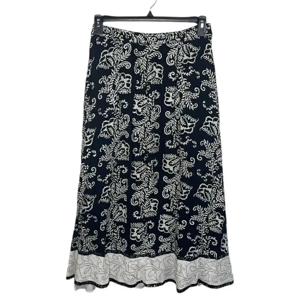 Soft Surroundings Maxi Skirt Paisley Black and White with ruffle hem size PM